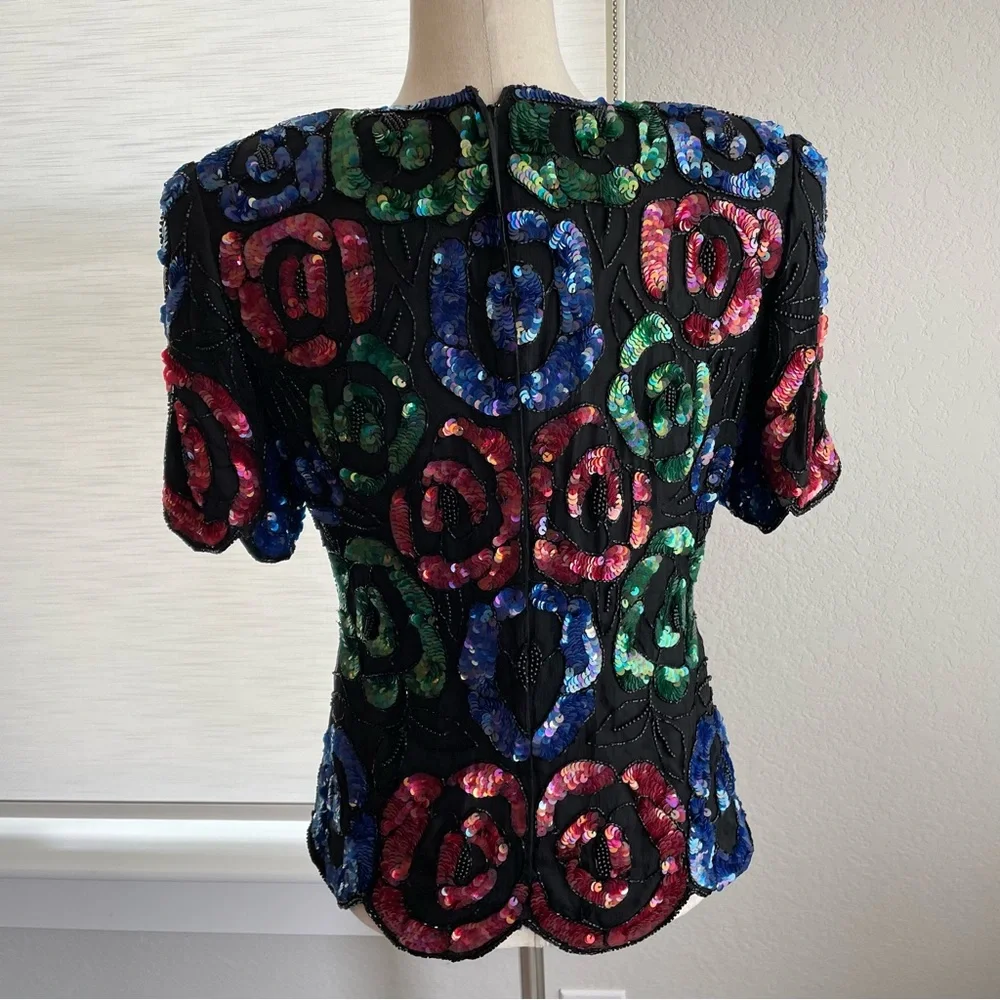Vintage Stenay Silk Beaded and Sequin Top Short Sleeve Size Small